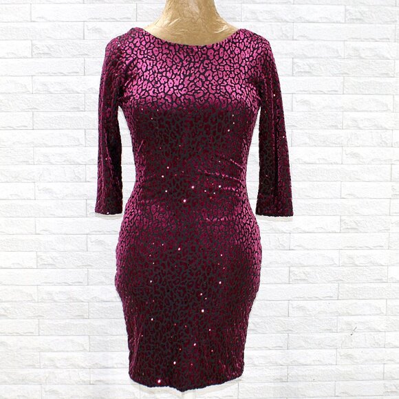 AS U WISH Dress Velvet Burnout Bodycon Leopard Print Burgundy Sequin Party SM - Picture 1 of 14